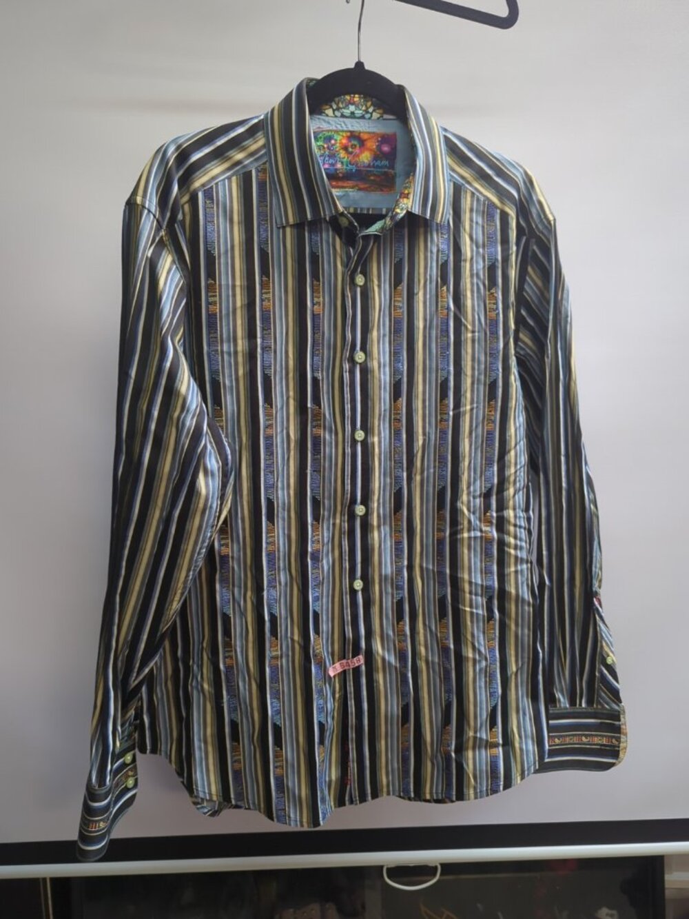Robert Graham Men's Button Front Long Flip Cuff Sleeve Yellow Stripe Shirt Large